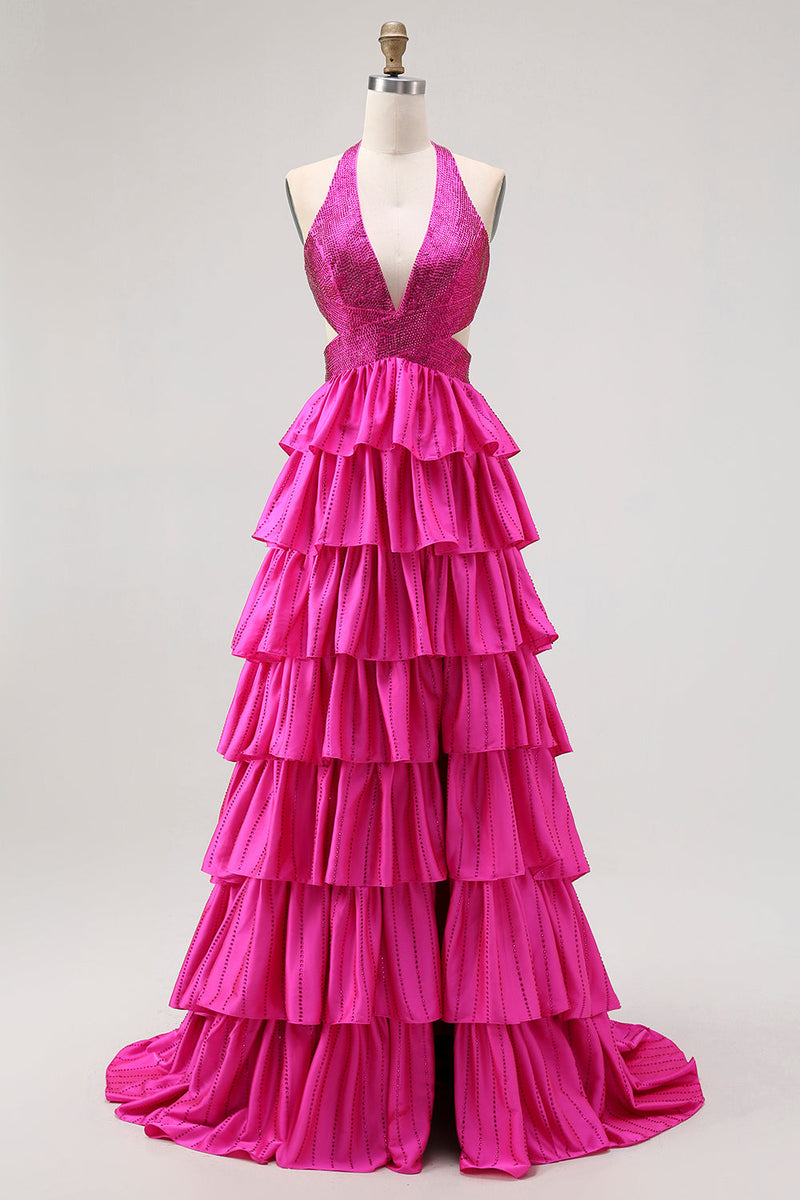 Load image into Gallery viewer, Sparkly Fuchsia A-Line Tiered Halter Backless Long Prom Dress with Beading