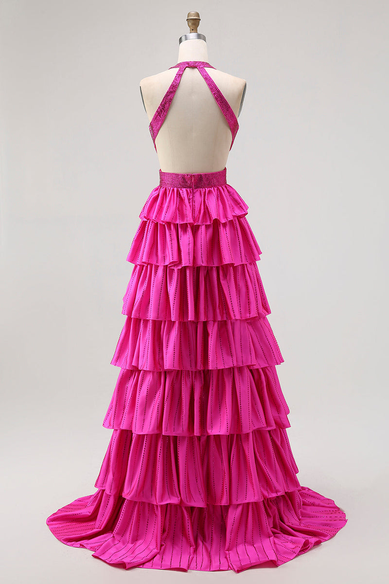Load image into Gallery viewer, Sparkly Fuchsia A-Line Tiered Halter Backless Long Prom Dress with Beading