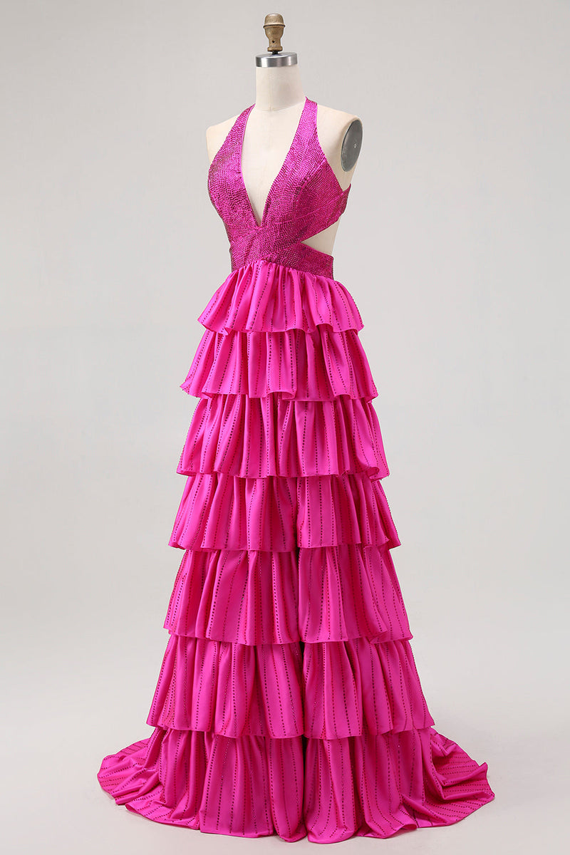 Load image into Gallery viewer, Sparkly Fuchsia A-Line Tiered Halter Backless Long Prom Dress with Beading