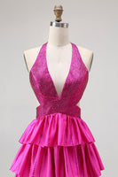 Load image into Gallery viewer, Sparkly Fuchsia A-Line Tiered Halter Backless Long Prom Dress with Beading