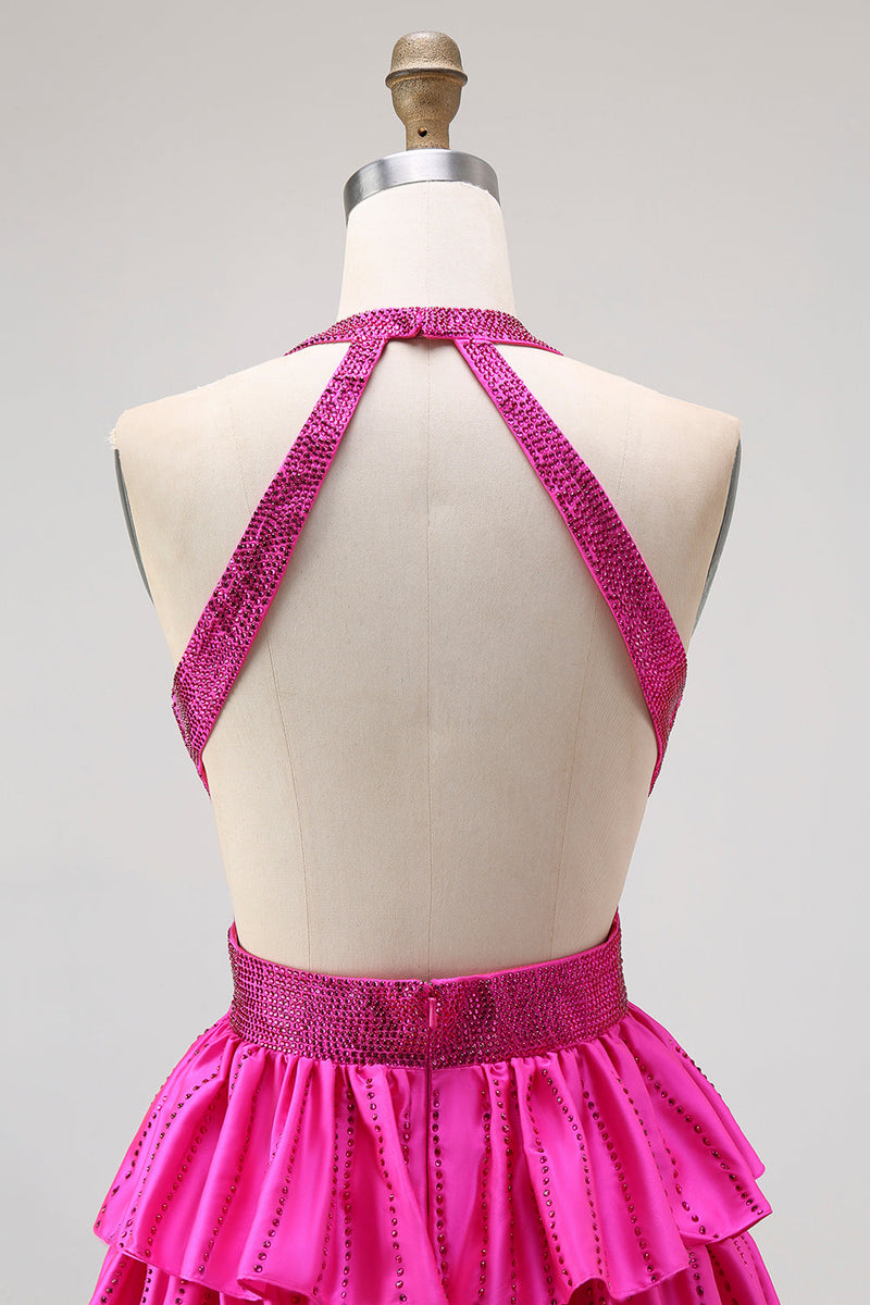 Load image into Gallery viewer, Sparkly Fuchsia A-Line Tiered Halter Backless Long Prom Dress with Beading