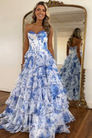 Load image into Gallery viewer, Queendancer Women  Blush Long Corset Prom Dress with Printed Flower A Line Sweetheart Tiered Evening Dress with Ruffles
