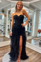 Load image into Gallery viewer, Sparkly Black Strapless Corset Tiered Long Prom Dress with Slit