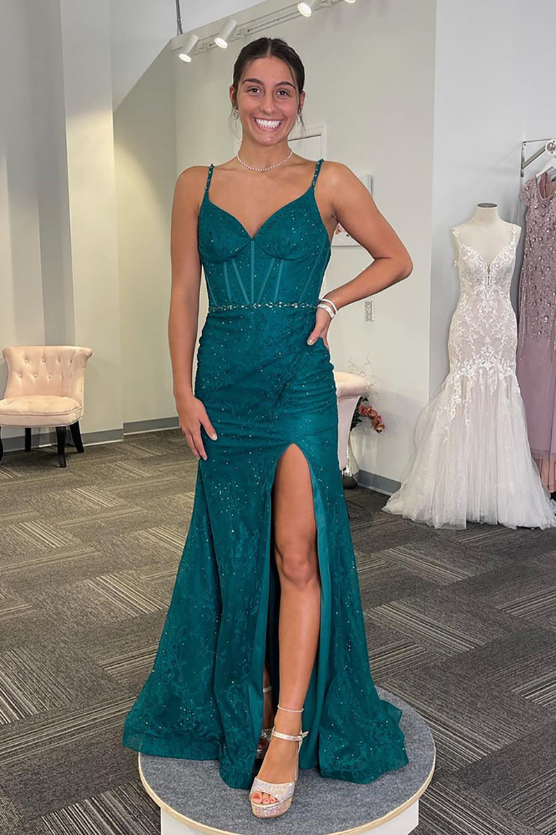 Queendancer Women Sparkly Emerald Green Corset Prom Dress with Slit