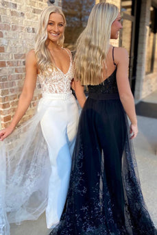 Black Corset Spaghetti Straps V-Neck Long Prom Jumpsuit with Lace
