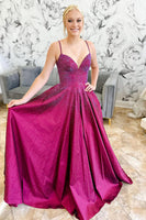 Load image into Gallery viewer, Sparkly Dark Purple Beaded Spaghetti Straps Long Prom Dress
