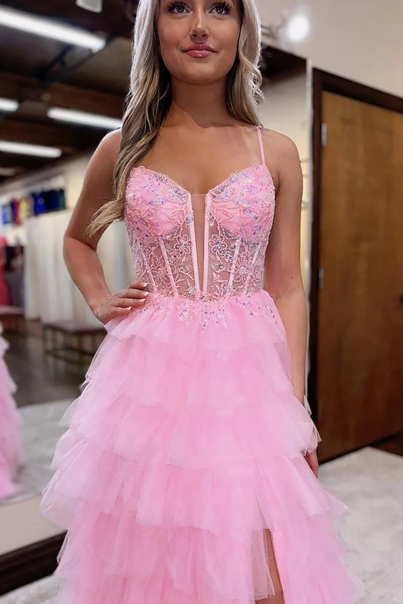 Queendancer Women Sparkly Pink Corset Prom Dress with Slit Tulle A Line
