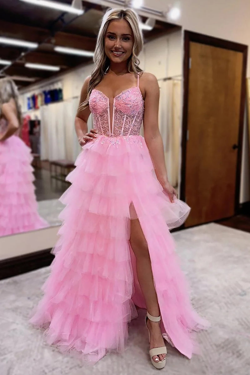 Queendancer Women Sparkly Pink Corset Prom Dress with Slit Tulle A Line