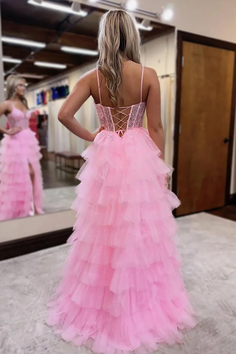 Queendancer Women Sparkly Pink Corset Prom Dress with Slit Tulle A Line