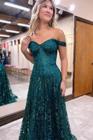 Load image into Gallery viewer, Sparkly Dark Green Floral Off the Shoulder Long Prom Dress