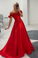 Load image into Gallery viewer, Red Corset Satin Off The Shoulder Long Prom Dress with Flowers