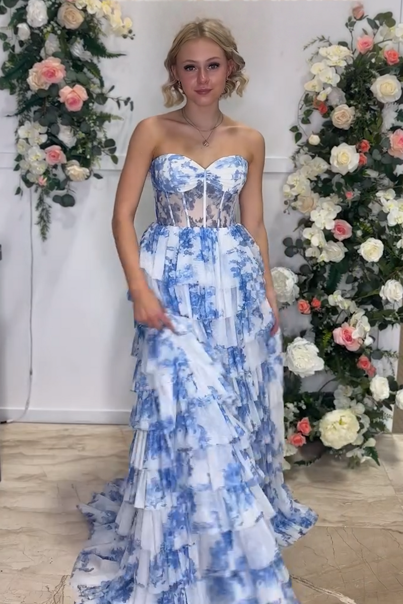Queendancer Women White Blue Flower Corset Prom Dress A Line Chiffon