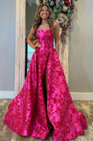 Load image into Gallery viewer, Fuchsia Floral A Line Strapless Long Prom Dress with Slit