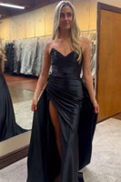 Load image into Gallery viewer, Black Strapless Ruched Long Satin Prom Dress with Slit
