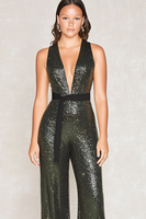 Load image into Gallery viewer, Sparkly Olive Deep V-Neck Sequin Jumpsuit