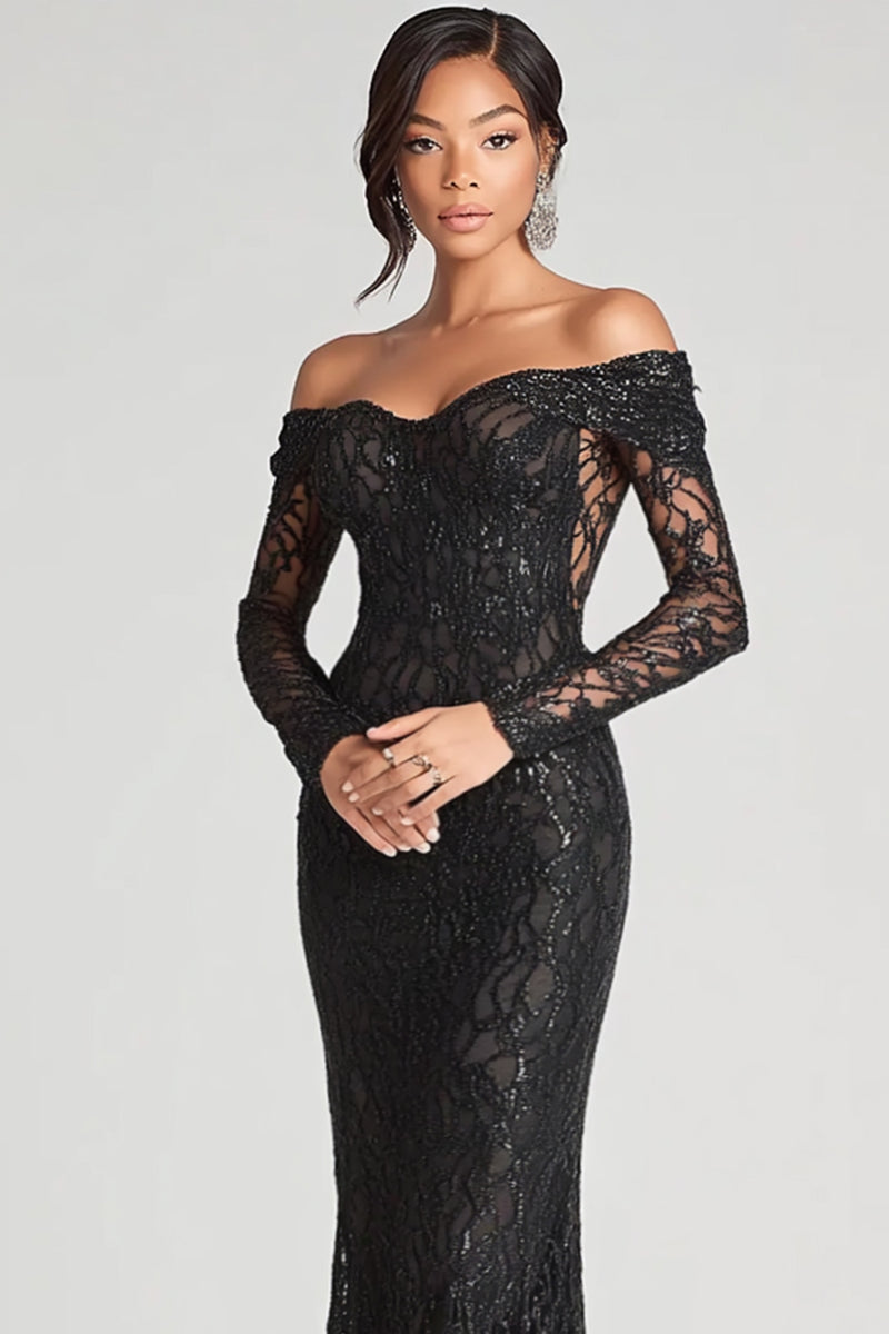 Queendancer Women Sparkly Black Lace Formal Dress with Long Sleeves