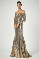 Load image into Gallery viewer, Sparkly Golden Sequin Off the Shoulder Long Formal Dress with Long Sleeves