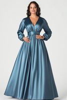 Load image into Gallery viewer, Queendancer Women Grey Blue Satin Mother of the Bride Dress Long Sleeves A Line Ball Gown V-Neck Pleated Long Wedding Guest Dress