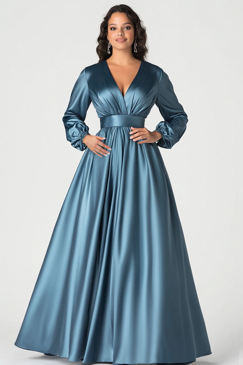 Load image into Gallery viewer, Queendancer Women Grey Blue Satin Mother of the Bride Dress Long Sleeves A Line Ball Gown V-Neck Pleated Long Wedding Guest Dress