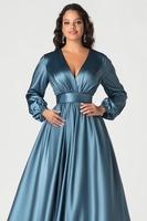 Load image into Gallery viewer, Grey Blue Satin A Line Pleated V-Neck Long Sleeves Mother of the Bride Dress