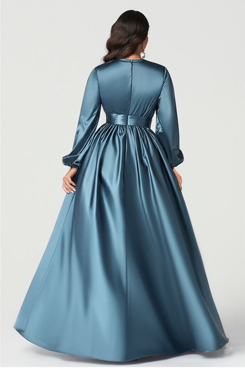 Load image into Gallery viewer, Grey Blue Satin A Line Pleated V-Neck Long Sleeves Mother of the Bride Dress