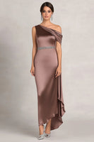 Load image into Gallery viewer, Taupe Satin Asymmetrical Sheath Mother of the Bride Dress