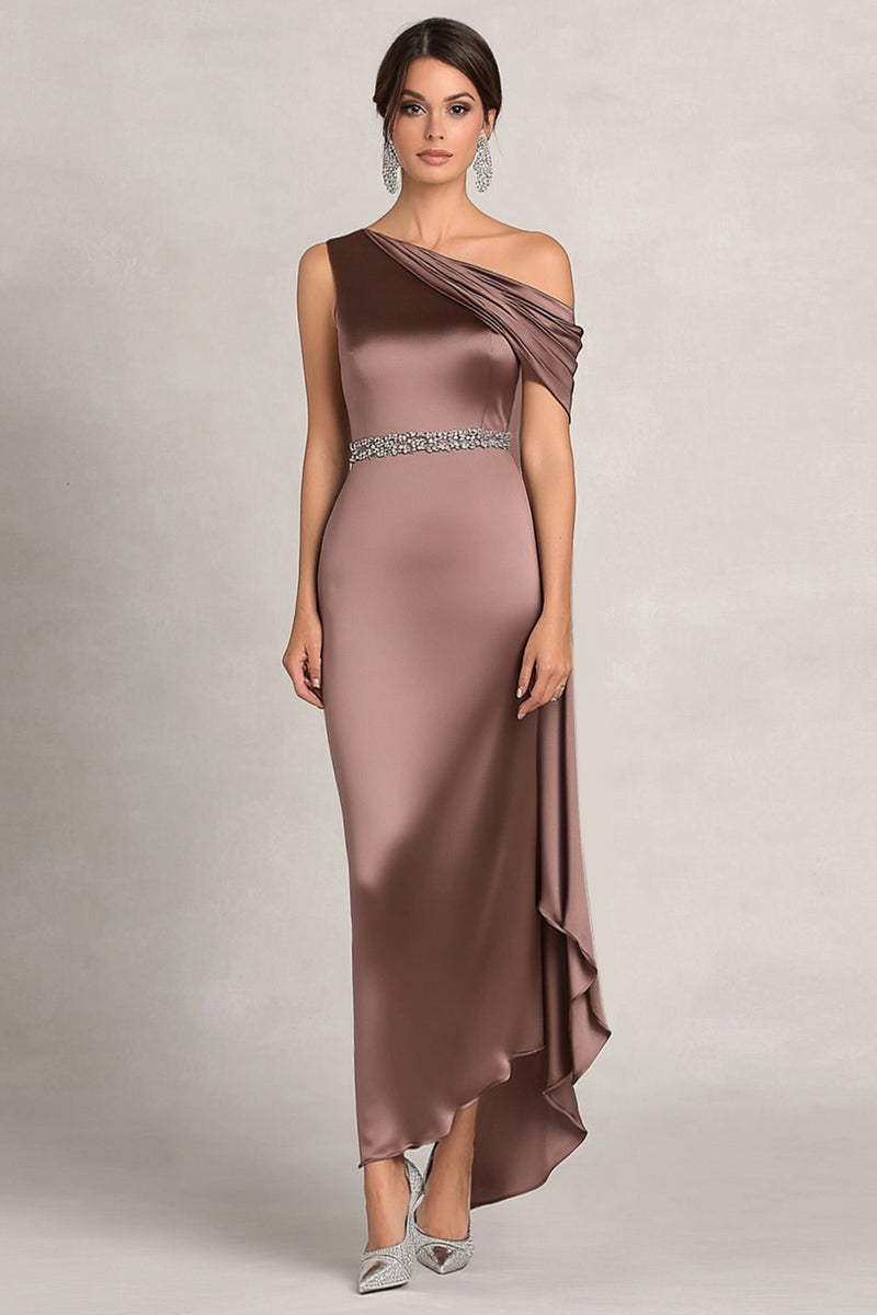 Load image into Gallery viewer, Taupe Satin Asymmetrical Sheath Mother of the Bride Dress