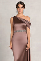 Load image into Gallery viewer, Taupe Satin Asymmetrical Sheath Mother of the Bride Dress