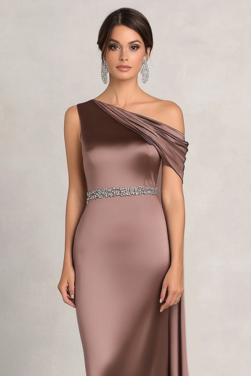 Load image into Gallery viewer, Taupe Satin Asymmetrical Sheath Mother of the Bride Dress