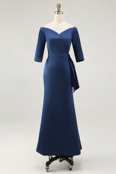 Elegant Navy Off the Shoulder Long Mother of the Bride Dress with Sleeves