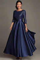 Load image into Gallery viewer, Queendancer Women Sparkly Navy Mother of the Bride Dress Satin Scoop Neck A Line 3/4 Sleeves Mother Dress