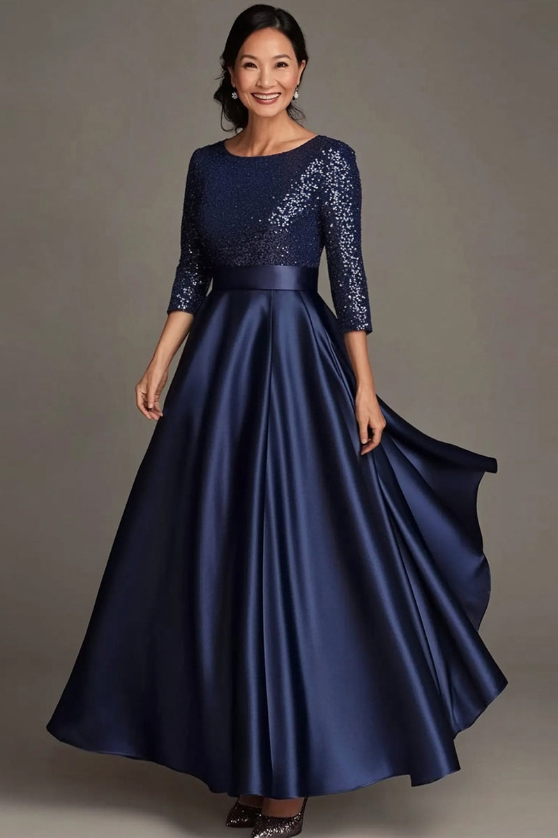 Load image into Gallery viewer, Queendancer Women Sparkly Navy Mother of the Bride Dress Satin Scoop Neck A Line 3/4 Sleeves Mother Dress