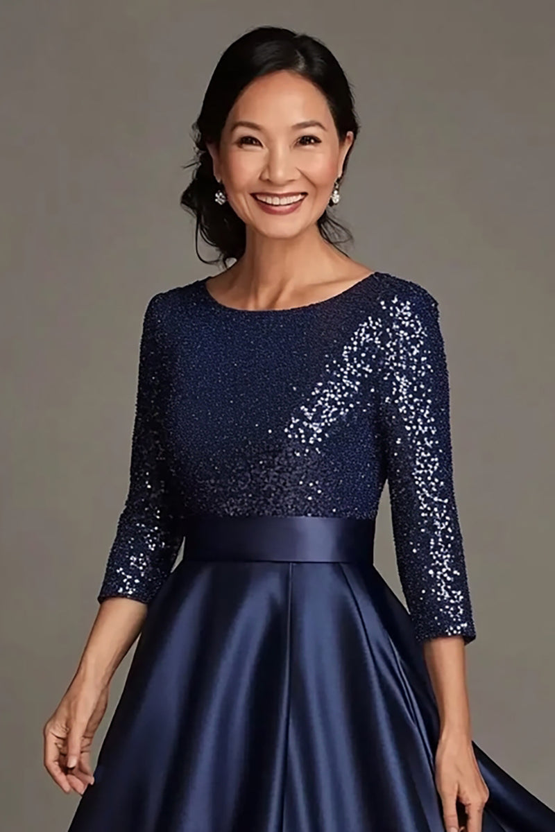 Load image into Gallery viewer, Sparkly Navy Scoop Neck Satin Mother of the Bride Dress with Sequins