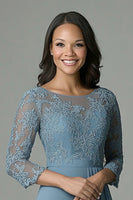 Load image into Gallery viewer, Floral Dusty Blue Illusion 3/4 Sleeves Mother of the Bride Dress