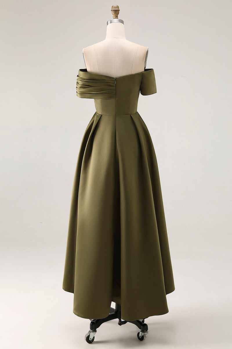 Load image into Gallery viewer, Olive Off the Shoulder Asymmetrical Satin Mother of the Bride Dress