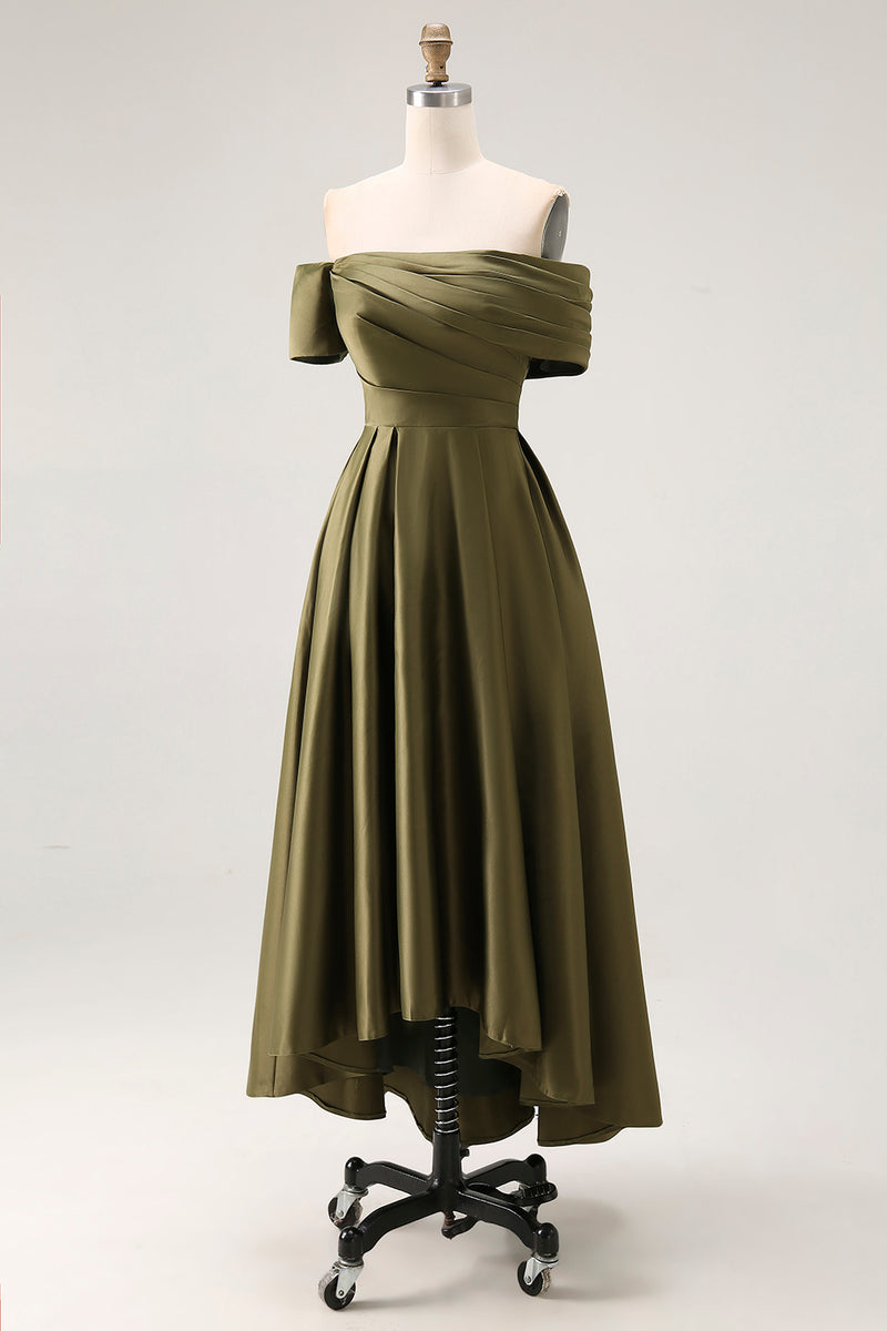 Load image into Gallery viewer, Olive Satin Off the Shoulder Asymmetrical Mother of the Bride Dress