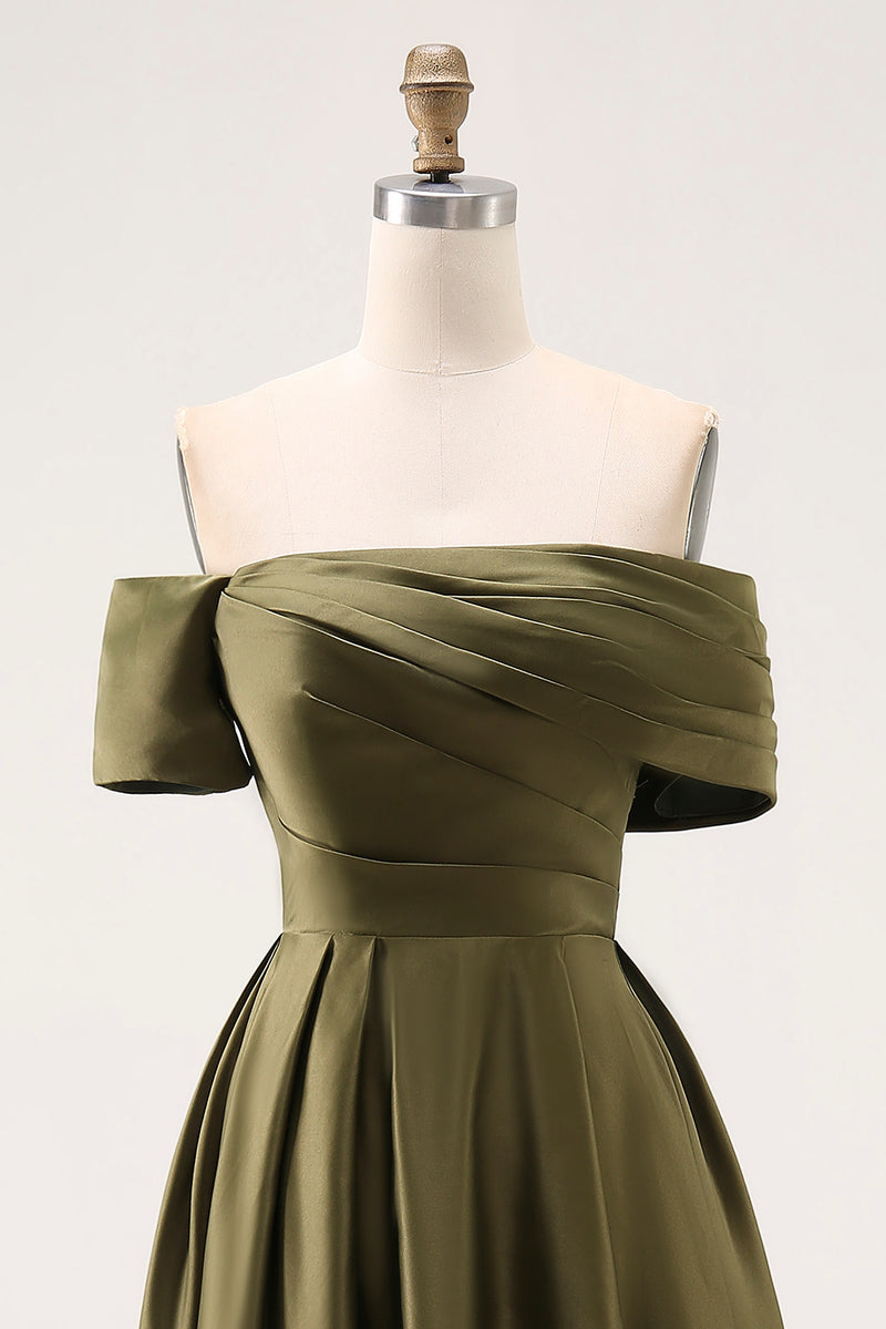 Load image into Gallery viewer, Olive Satin Off the Shoulder Asymmetrical Mother of the Bride Dress