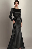 Load image into Gallery viewer, Queendancer Women Elegant Black Satin Mother of the Bride Dress with Long Sleeves Sheath Floor Length Round Neck Mother Dress with Side Waist