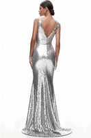 Load image into Gallery viewer, Sparkly Silver Sequin Sheath V-Neck Long Formal Dress