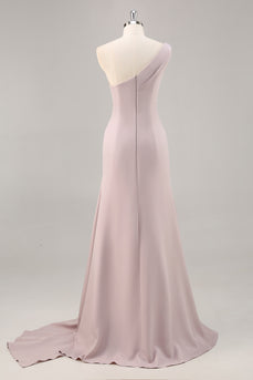 Khaki Mermaid One Shoulder Ruched Long Satin Formal Dress