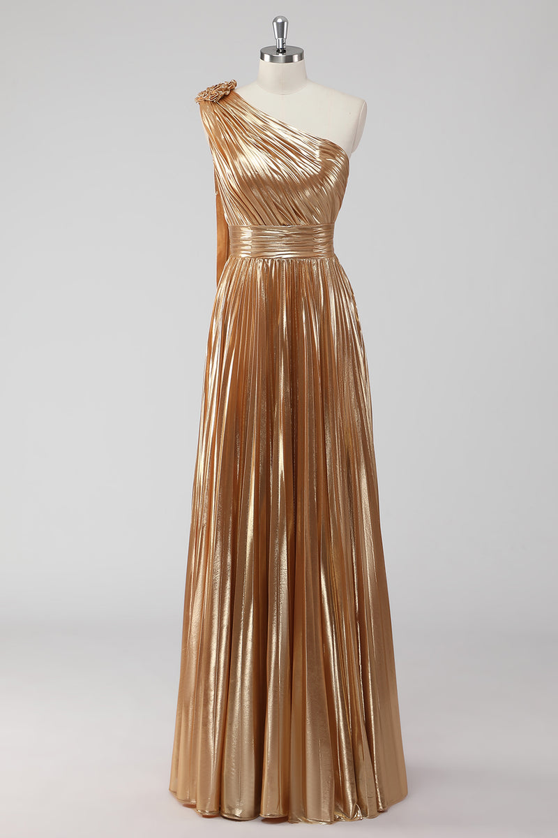 Load image into Gallery viewer, Metallic Gold One Shoulder A Line Pleated Long Formal Dress with 3D Flower