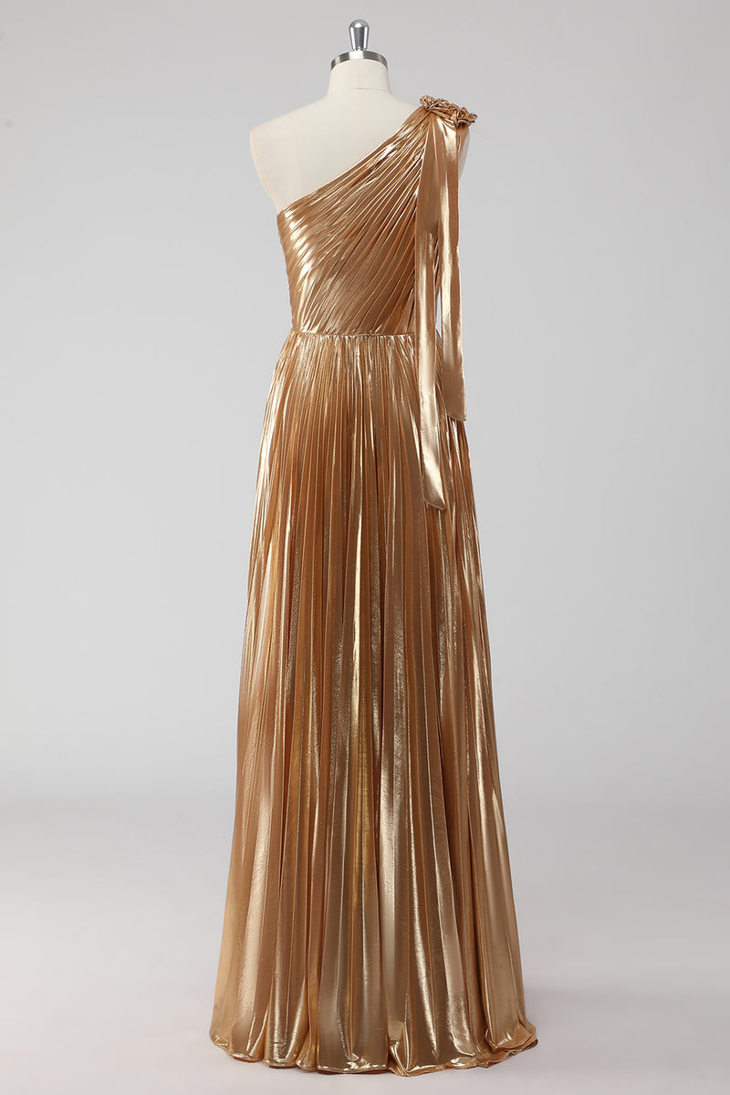 Load image into Gallery viewer, Metallic Gold One Shoulder A Line Pleated Long Formal Dress with 3D Flower