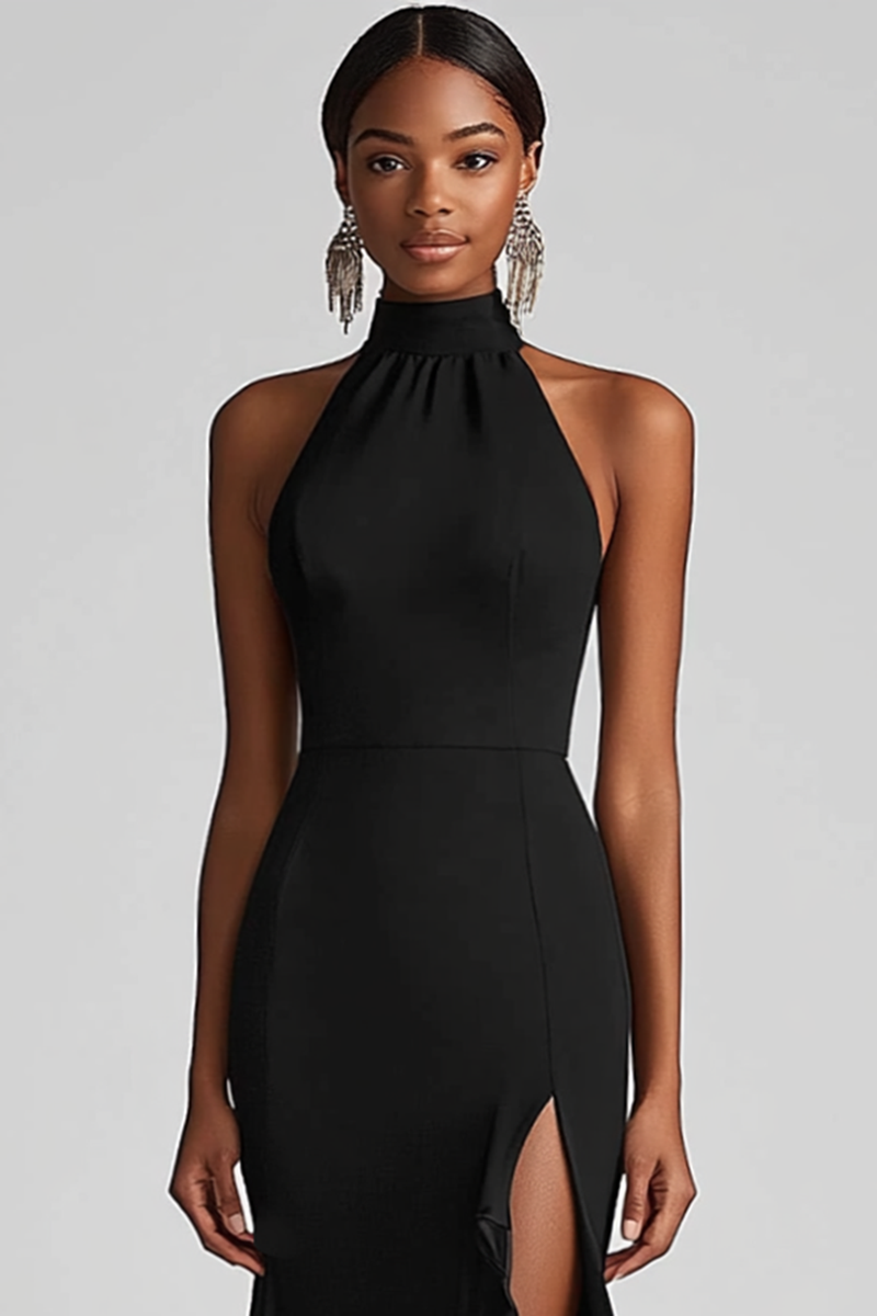 Queendancer Women Elegant Black Formal Dress with Slit Sheath High Neck  Ruffled Black Tie Dress – queendancer
