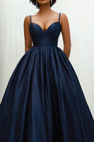 Load image into Gallery viewer, Glitter Navy Sweetheart Spaghetti Straps Satin Long Formal Dress