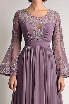 Taro Purple Chiffon Pleated Long Sleeves Mother of the Bride Dress