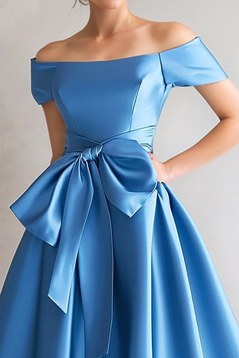 Blue Off Shoulder Embroidery Ankle Length Mother of the Bride Dress