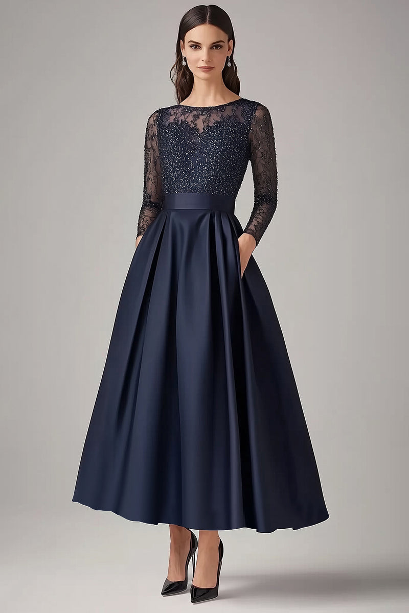 Load image into Gallery viewer, Sparkly Navy A Line Illusion Mother of the Bride Dress with Long Sleeves