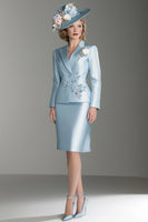 Load image into Gallery viewer, Elegant Blue Floral V-Neck Knee Length Mother of the Bride Dress