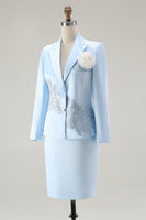 Load image into Gallery viewer, Elegant Floral Blue Satin Peak Lapel Midi Mother of the Bride Dress