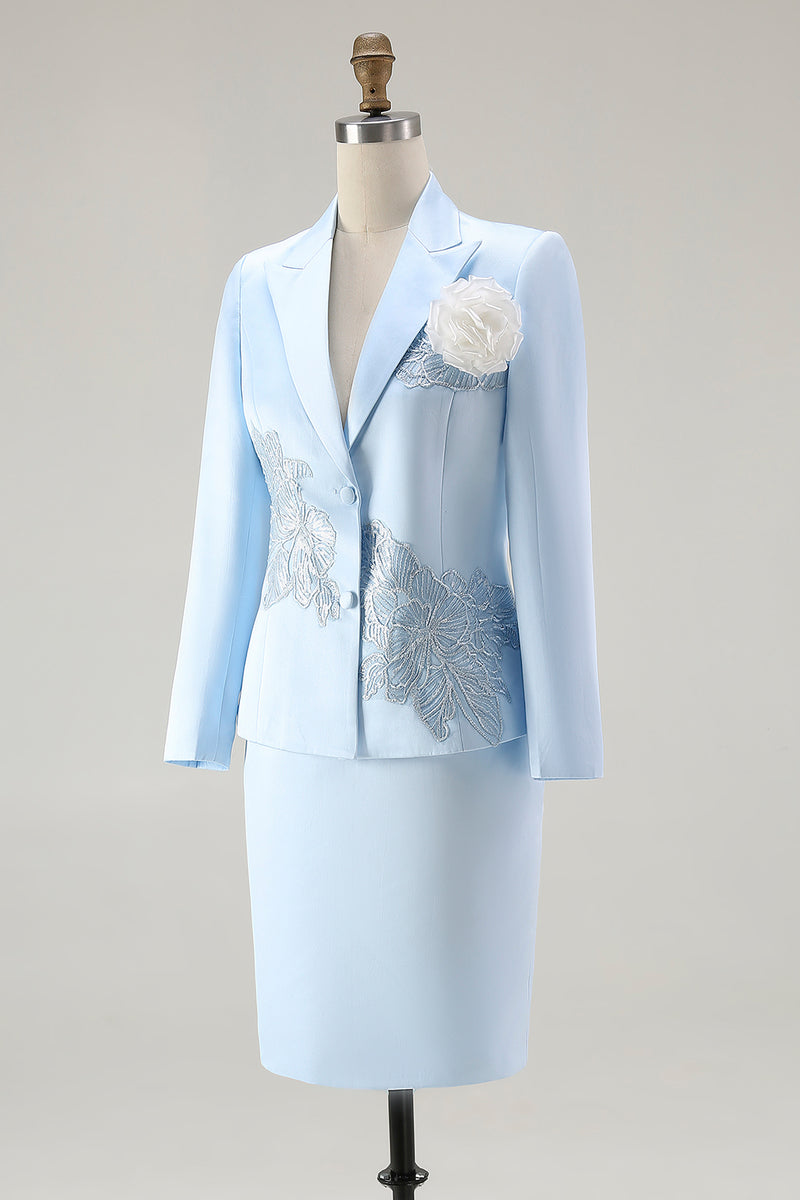 Load image into Gallery viewer, Elegant Floral Blue Satin Peak Lapel Midi Mother of the Bride Dress